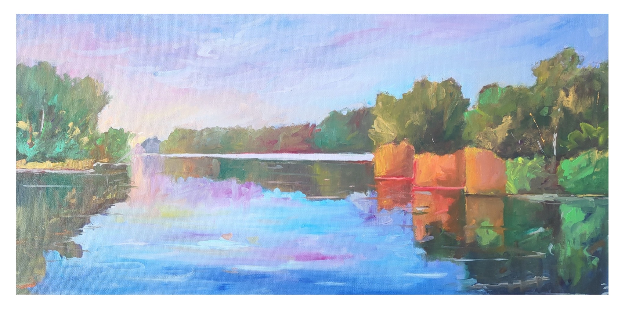 Original oil painting of autumn colors reflected in the lake at Prospect Park